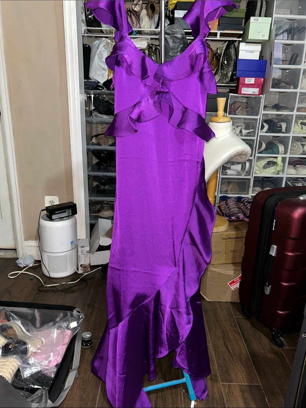 Express One-Shoulder Ruffle Satin Dress in Purple